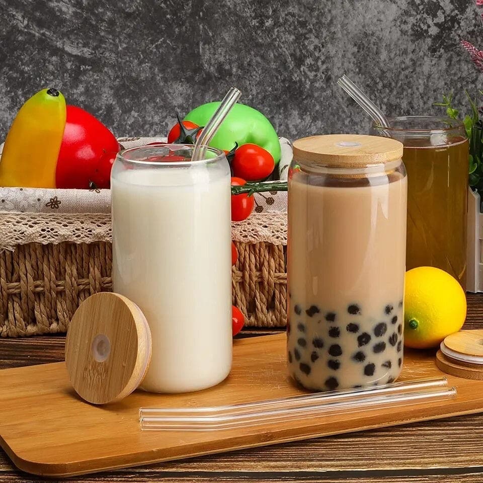 Bubble Tea Cup, 500ml Glass Mug With Bamboo Glass And Straw.