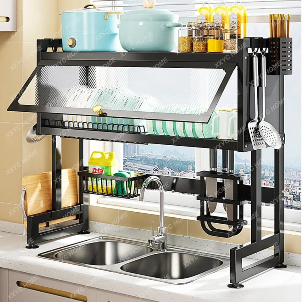 Multifunctional Flip Kitchen Dish Rack, Over Sink Countertop Kitchen Storage Shelf, Metal Cabinet Door Crockery Shelf, Expandable Sink Drainer Drying Rack with Door, Telescoping Dish Storage Rack