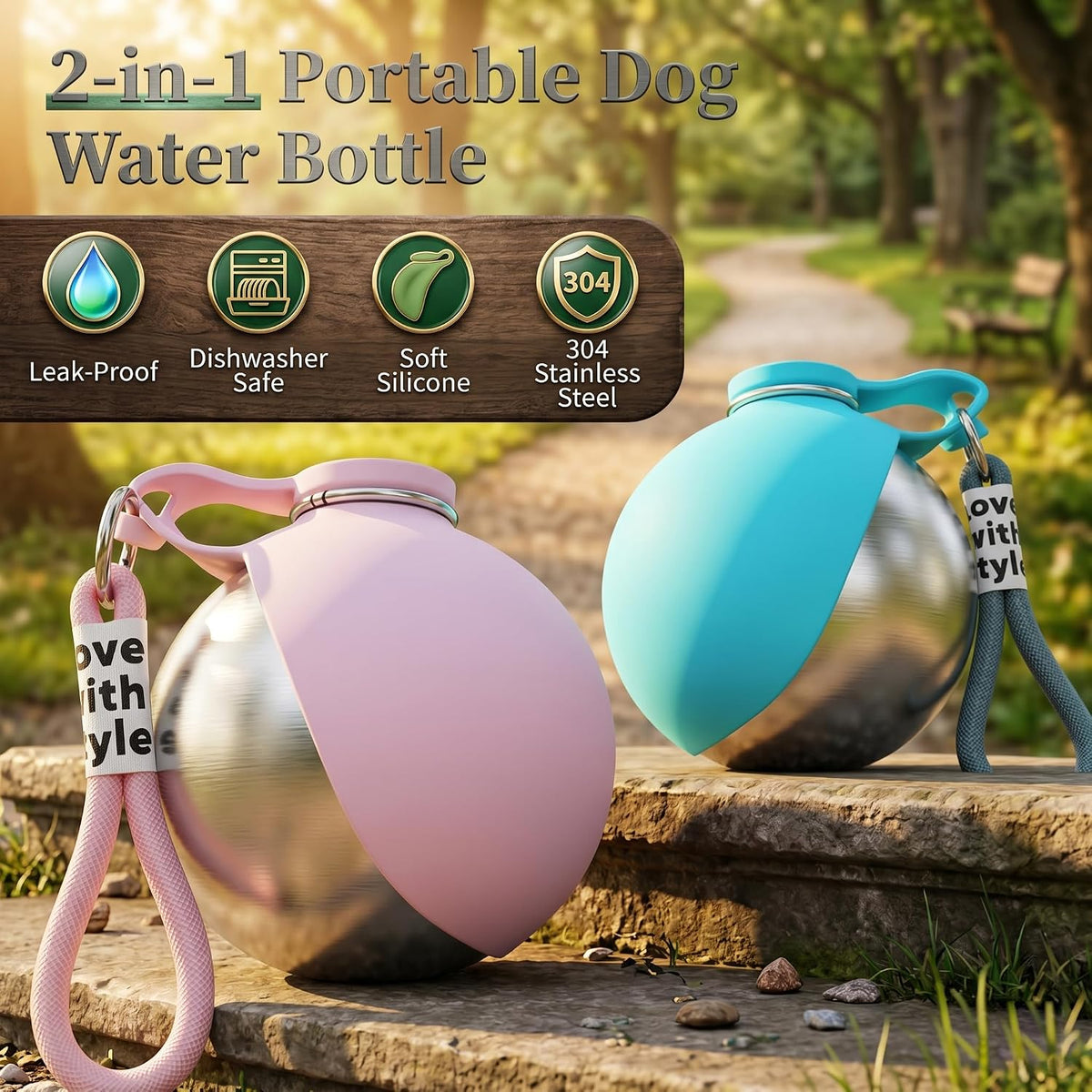 2-IN-1 STAINLESS STEEL DOG WATER BOTTLE WITH FOLDABLE BOWL, 285ML.