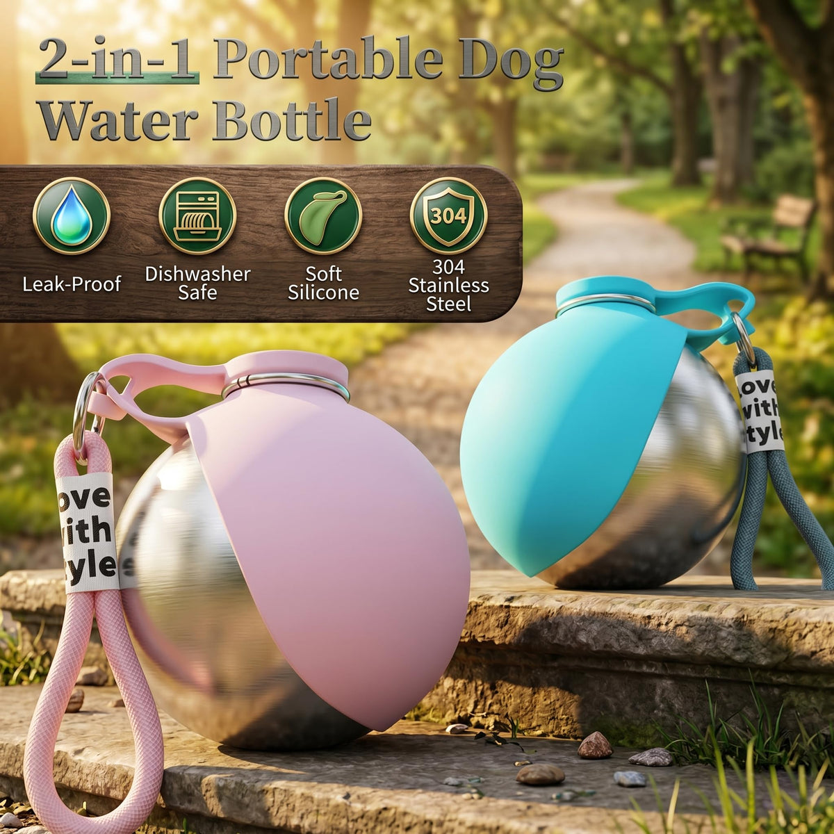 2-IN-1 STAINLESS STEEL DOG WATER BOTTLE WITH FOLDABLE BOWL, 285ML.