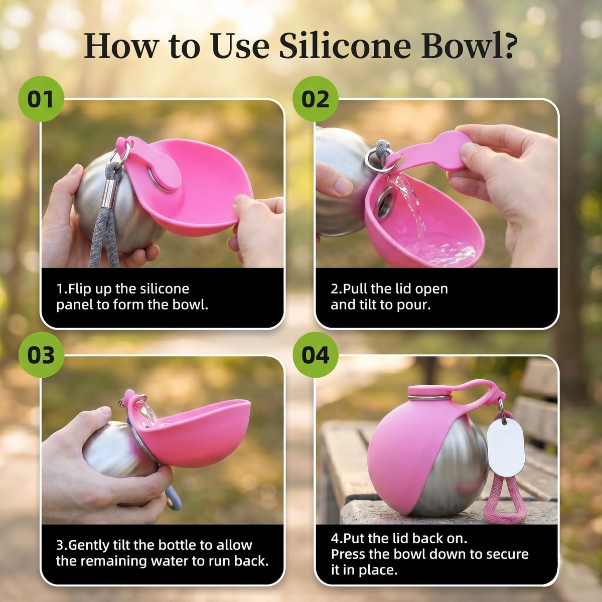 2-IN-1 STAINLESS STEEL DOG WATER BOTTLE WITH FOLDABLE BOWL, 285ML.