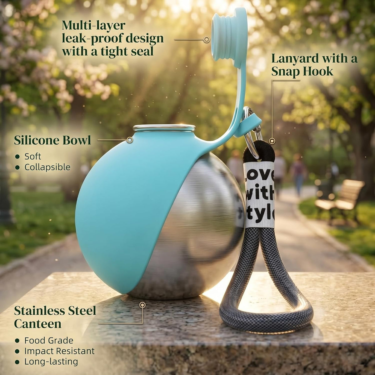 2-IN-1 STAINLESS STEEL DOG WATER BOTTLE WITH FOLDABLE BOWL, 285ML.