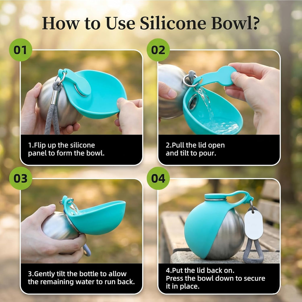 2-IN-1 STAINLESS STEEL DOG WATER BOTTLE WITH FOLDABLE BOWL, 285ML.