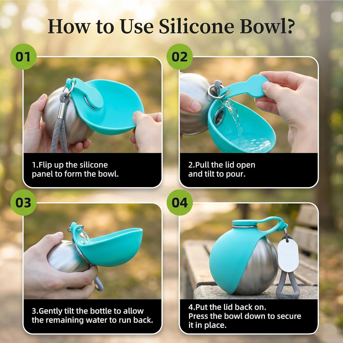 2-IN-1 STAINLESS STEEL DOG WATER BOTTLE WITH FOLDABLE BOWL, 285ML.