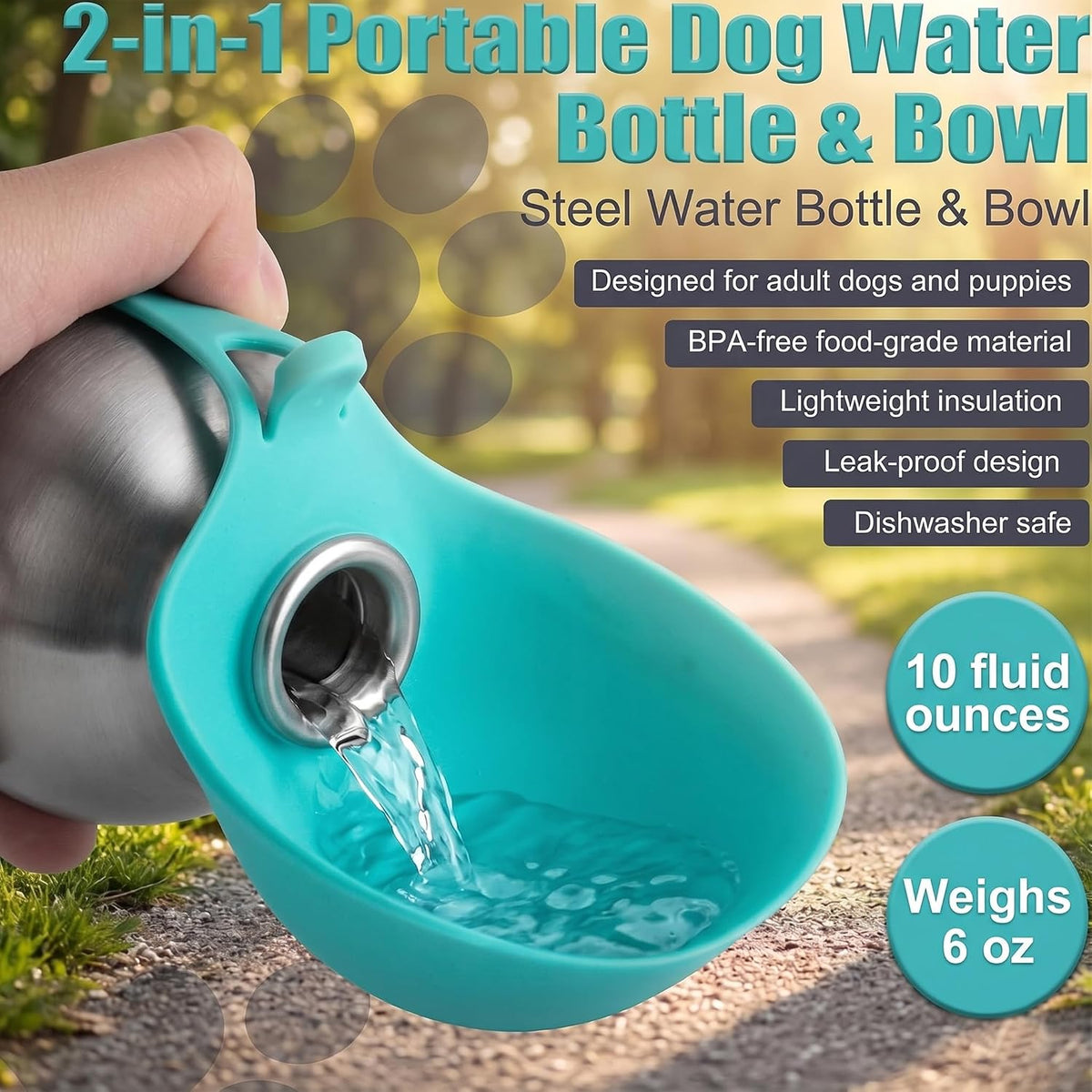 2-IN-1 STAINLESS STEEL DOG WATER BOTTLE WITH FOLDABLE BOWL, 285ML.