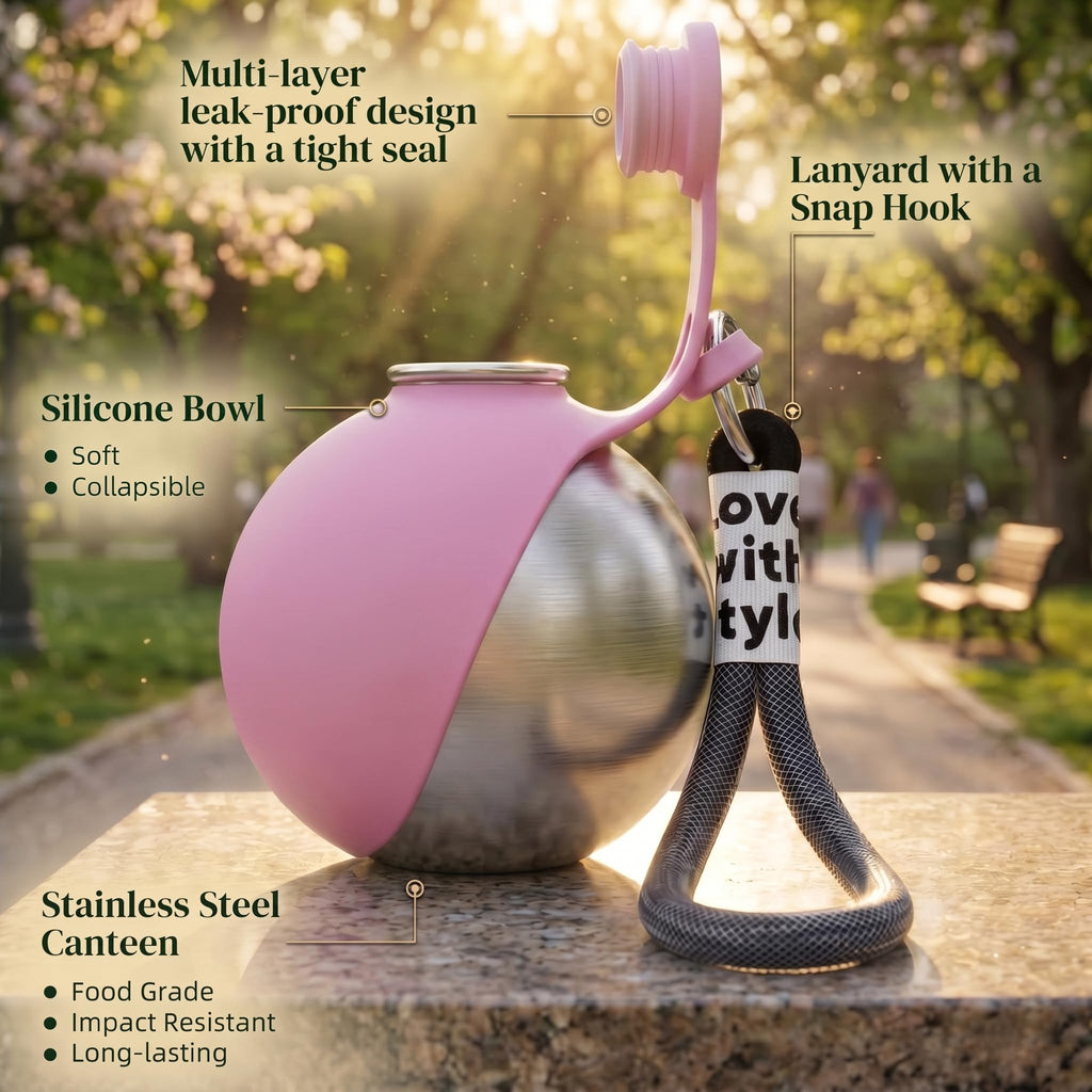 2-IN-1 STAINLESS STEEL DOG WATER BOTTLE WITH FOLDABLE BOWL, 285ML.