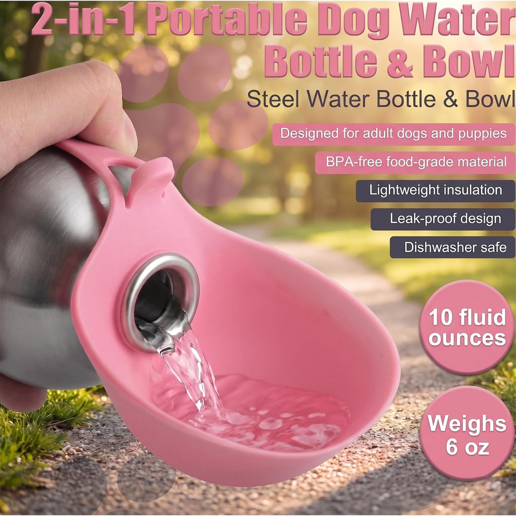 2-IN-1 STAINLESS STEEL DOG WATER BOTTLE WITH FOLDABLE BOWL, 285ML.