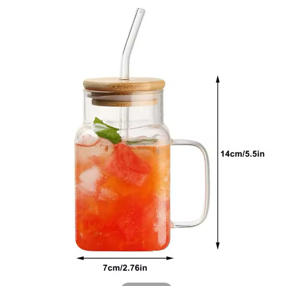 450ml Square Mug With Lid And Straw, Transparent Coffee Drinking Glass Cup With Handle.