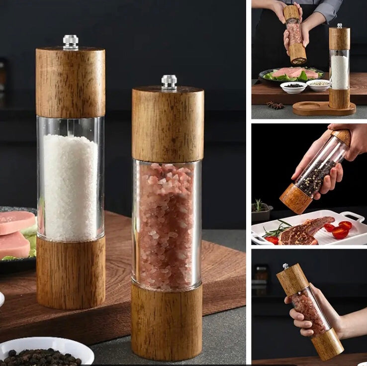 Manual Sea Salt Pepper Grinder, Cylindrical Wooden Salt and Pepper Grinder, Kitchen Seasoning Tool