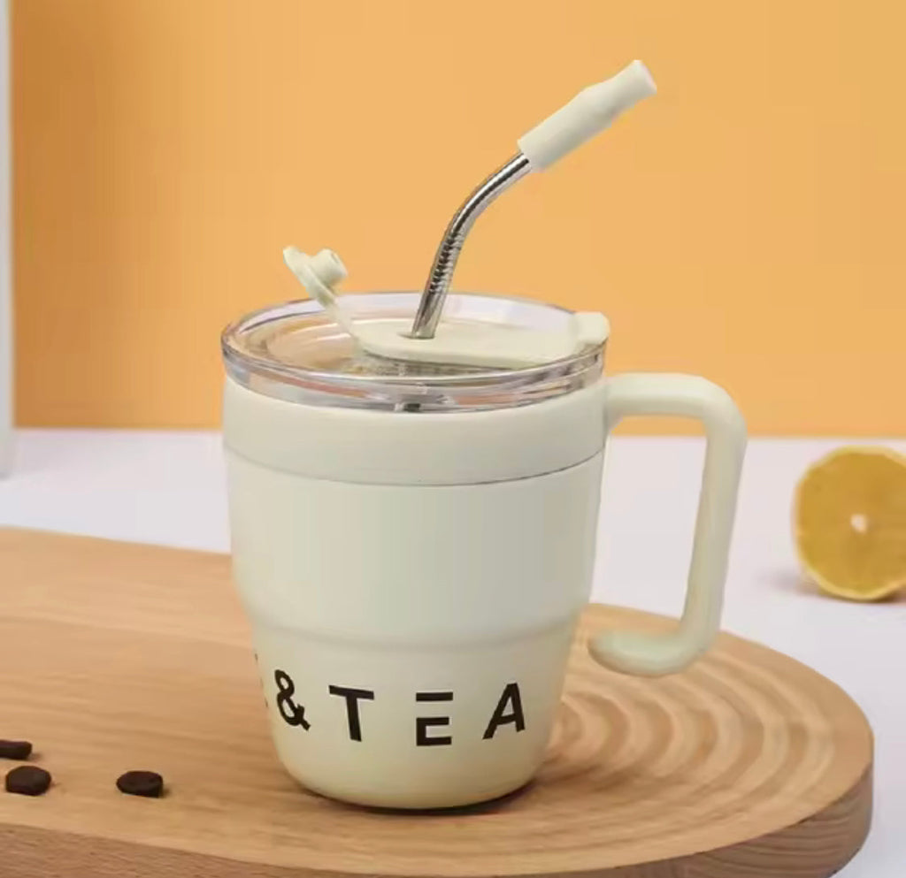 480ml Straw Covered Coffee Mug, Stainless Steel Insulated Cup, Hot/Cold Beverage Cup, Stainless Steel Thermos Mug, Office Outdoor Coffe Mug