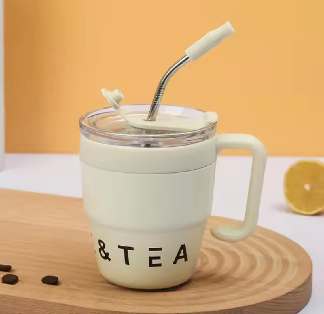 480ml Straw Covered Coffee Mug, Stainless Steel Insulated Cup, Hot/Cold Beverage Cup, Stainless Steel Thermos Mug, Office Outdoor Coffe Mug