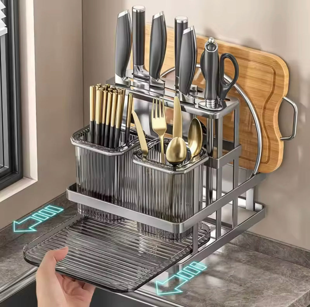 Wall Mounted Cutlery Organizer, Cutlery Organizer With Drain Shelf, Metal Drain Storage Rack