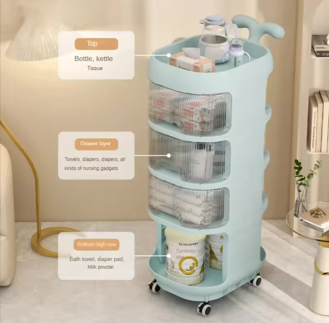 Multi Tier Rolling Storage Rack, Kids Diaper Organizer, Kids Wheels Storage Organizer, Floor Standing Storage Racks