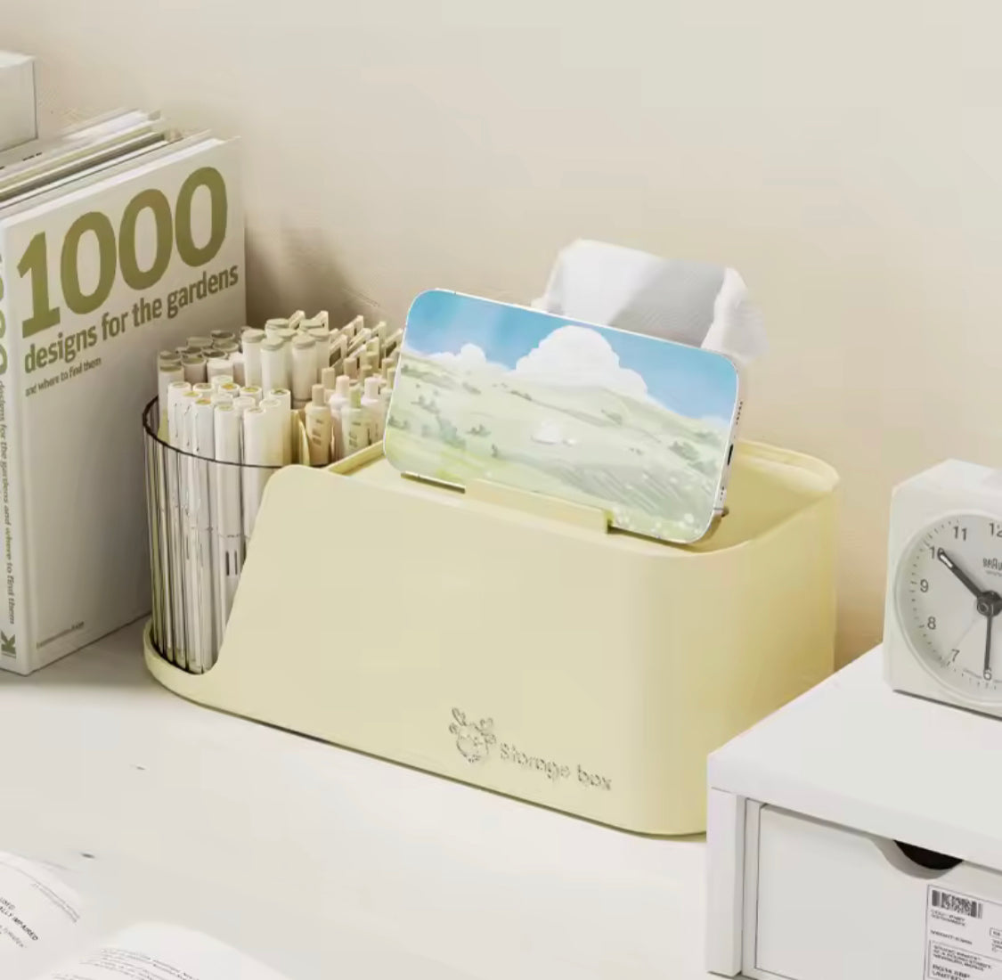 Multifunctional Rotating Pen Holder With Tissue Box, Creative Phone Holder With Tissue Dispenser, Desktop storage box
