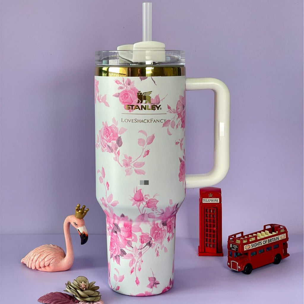 Stainless Steel Flower Design Tumbler With Lid, Vacuum Insulated Car Mug, Thermal Iced Bottle