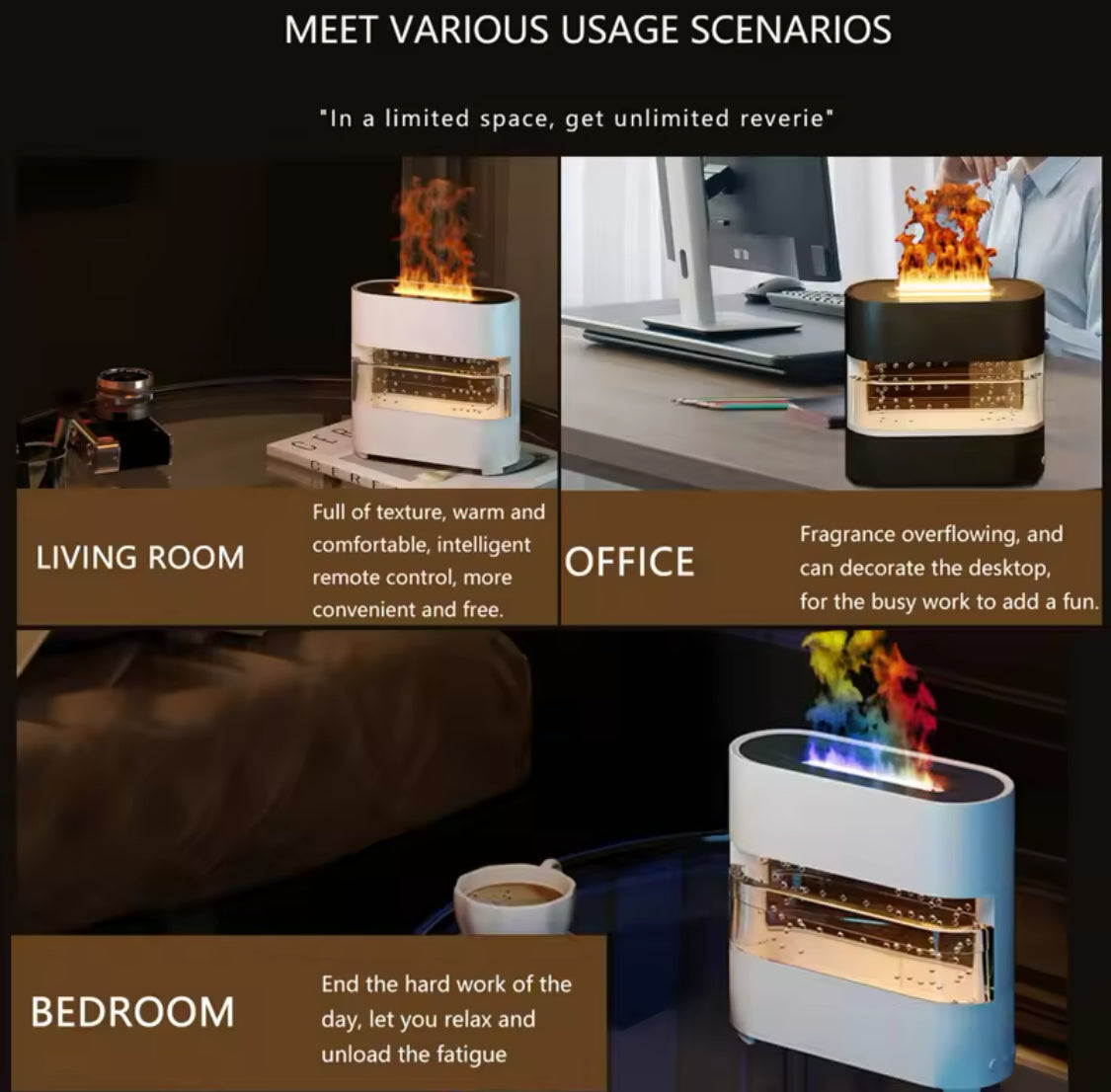 Rain Drops Simulation Flame Humidifier, Colourful Rain And Fire Aroma Diffuser, Dynamic  Flame Air Humidifier