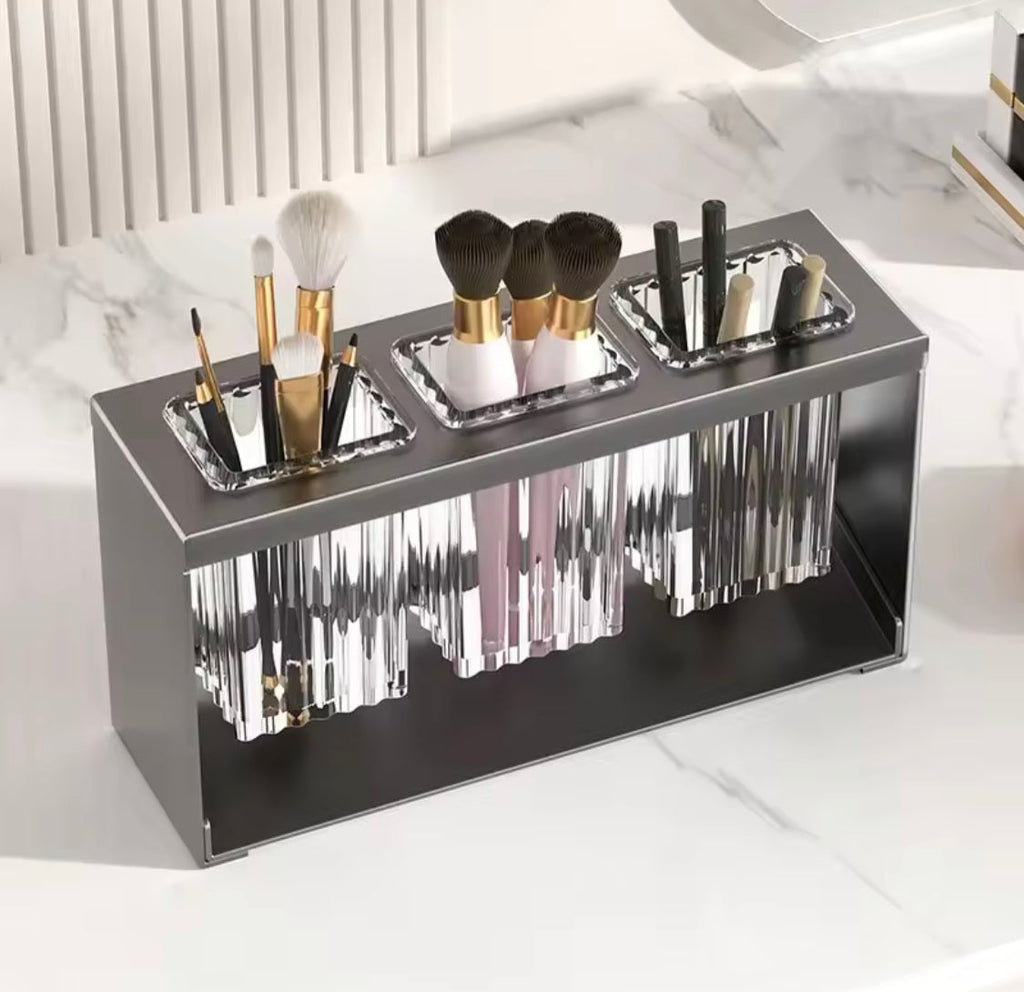 Acrylic Cutlery Holder With Metal Stand, Multi Grid Kitchen Cutlery Storage Organizer, Makeup Brush Organizer, Bathroom Toiletries Holder