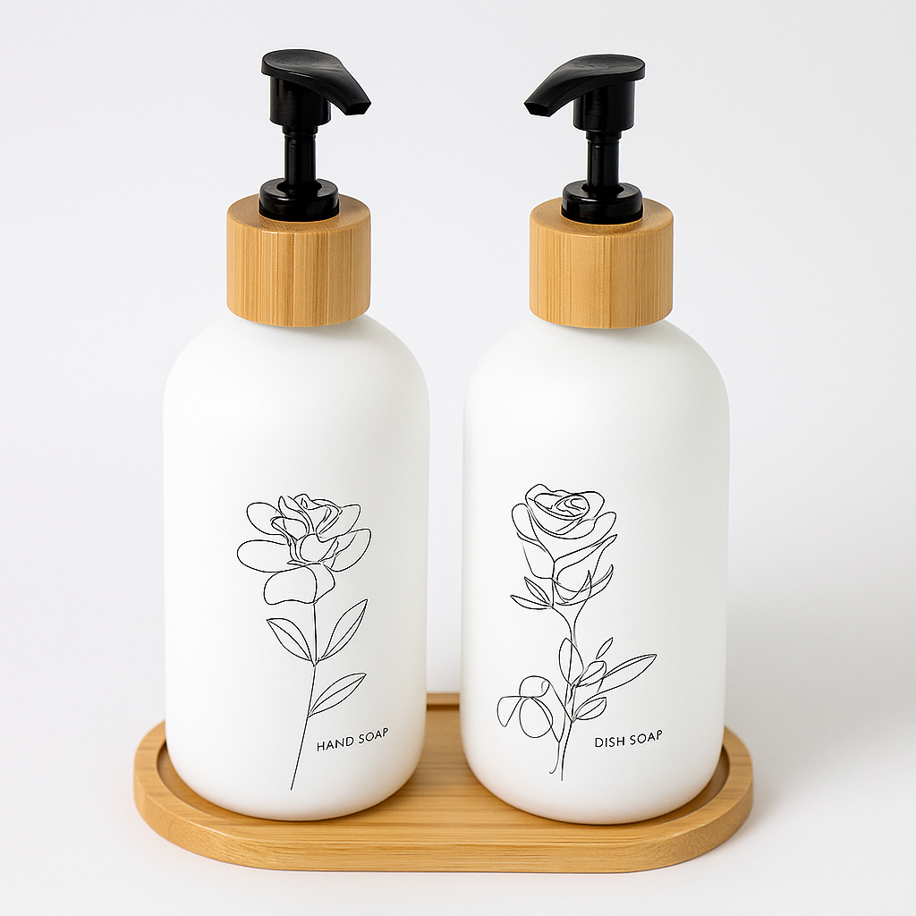 Frosted Glass Soap Dispenser Set with Bamboo Tray