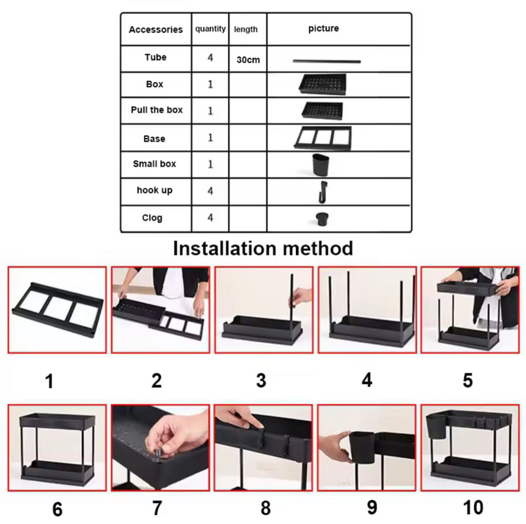 Double Deck Pull Out Organizer, 2 Tier Under Sink Organizer, Organizer Storage Rack With Hooks Hanging