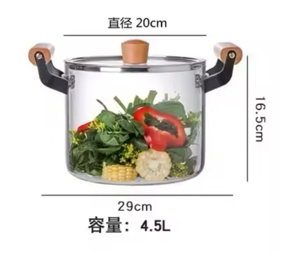 Transparent Cooking Pot With Wooden Handle, Heat Resistant  Glass Pot, Kitchen Cookware Pot