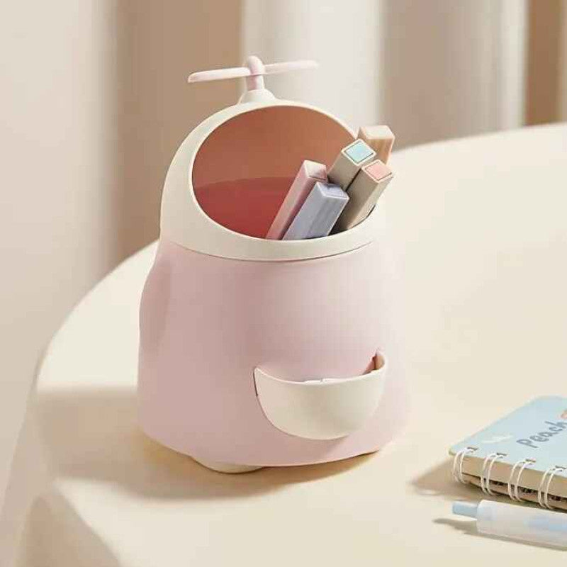 Cute Fan Design Storage Bucket, Multifunctional Pen Holder With Sharpener, Desktop Makeup Brush Storage Box