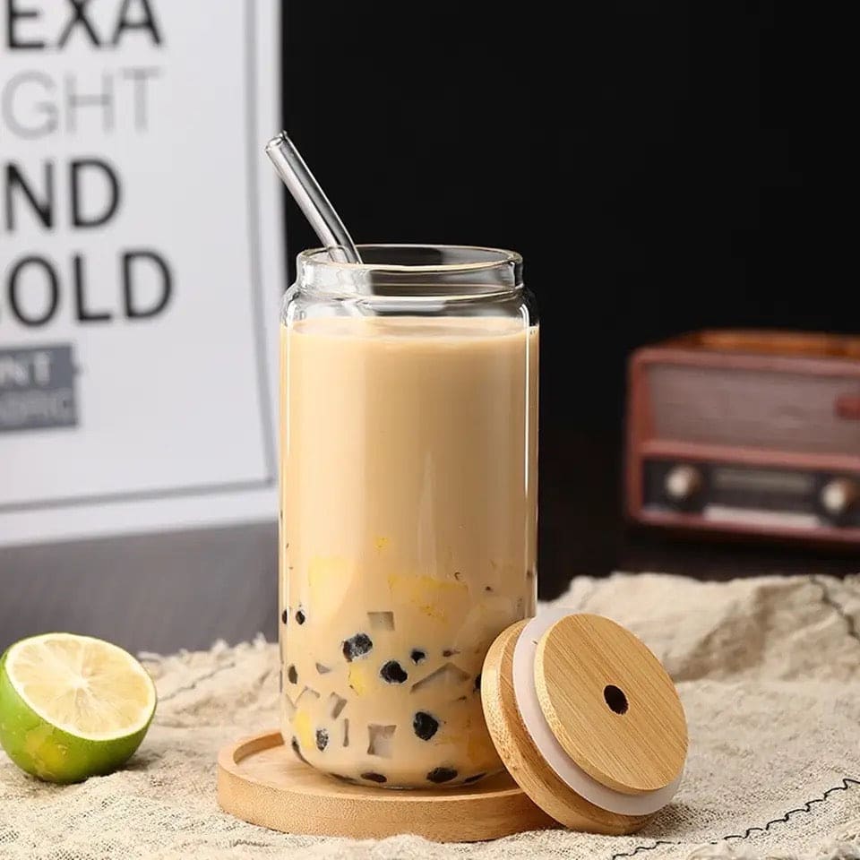 Bubble Tea Cup, 500ml Glass Mug With Bamboo Glass And Straw.