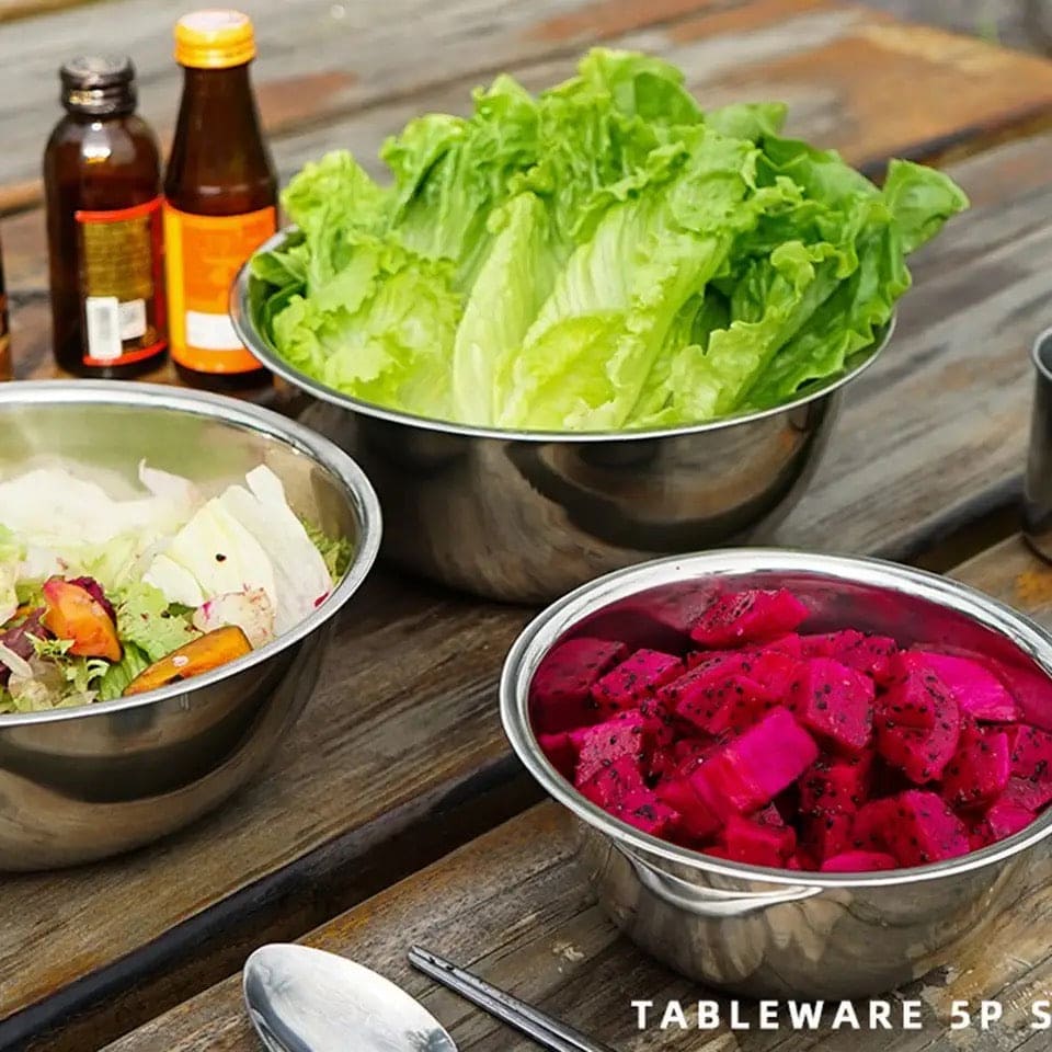 Set Of 5 Metal Mixing Bowls, Non Slip Nesting Whisking Bowls Set, Mixing Bowls For Salad Cooking Baking Food Container, Stackable Portable Cooking Nesting Storage Bowls For Home Kitchen Outdoor Camping, Rust-proof Food Storage Prep Bowl