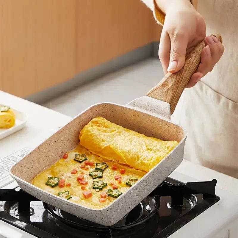 Square Ceramic Frying Pan, Durable Stone Frying Pan, Wooden Handle Square Frying Pan, Omelette Non Stick Fry Egg Kitchen Breakfast Maker, Square Thick Frying Tool, Anti Slip Tamagoyaki Pan, Square Egg Pan, Daily Cookware Gadget, Home Kitchen Items