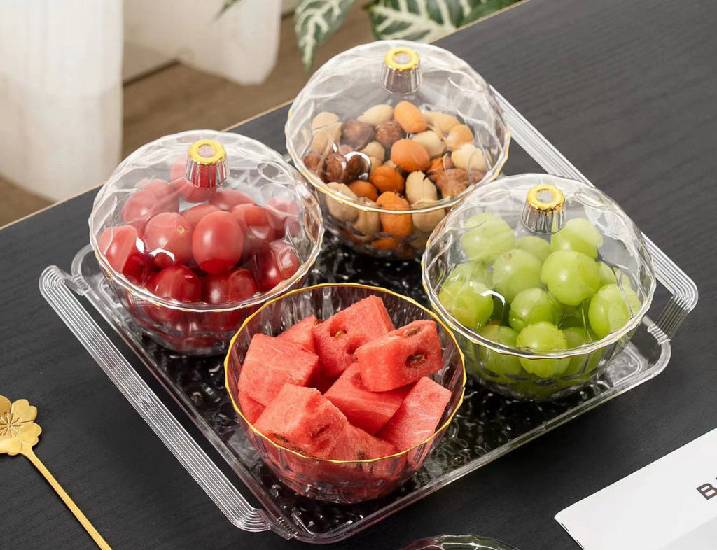 Acrylic 4pcs Candy Storage Tray Set, Serving Fruit Tray With Glass Acrylic Lid, Desktop Candy Container