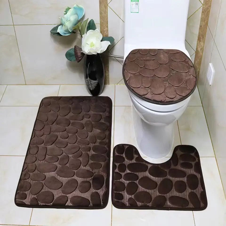 Set Of 3 Bathroom Mat, U-Shaped Contour Mat and Toilet Seat Cover ,Toilet Anti Slip Absorbent Rug, Pebbles Bathtub Decor Carpet, Soft Non Slip Cobblestone Mat, Memory Foam Pebble Shower Mat, Quick Drying Bathroom Mat