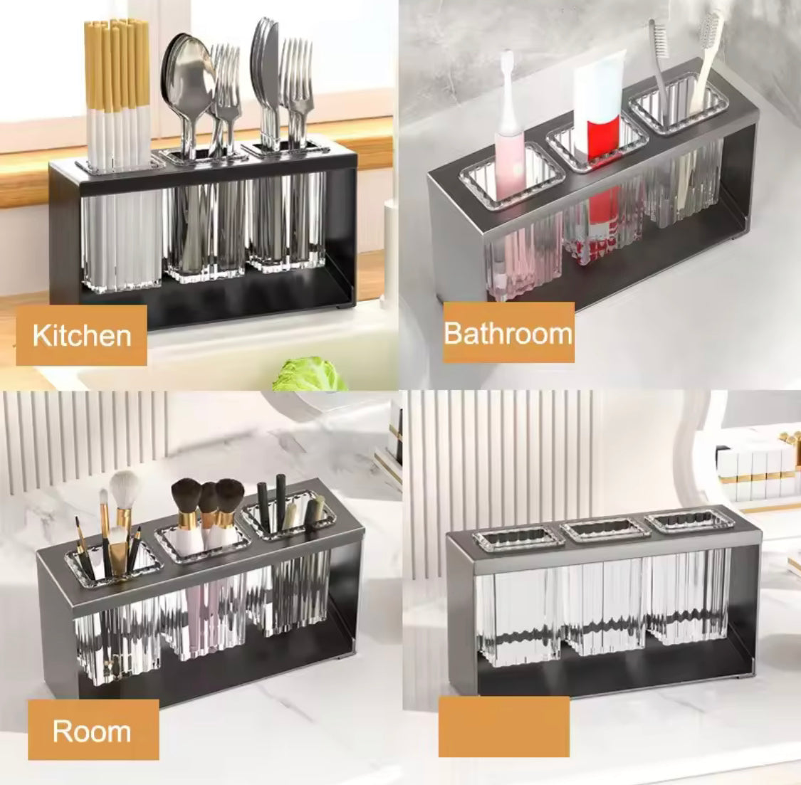 Acrylic Cutlery Holder With Metal Stand, Multi Grid Kitchen Cutlery Storage Organizer, Makeup Brush Organizer, Bathroom Toiletries Holder
