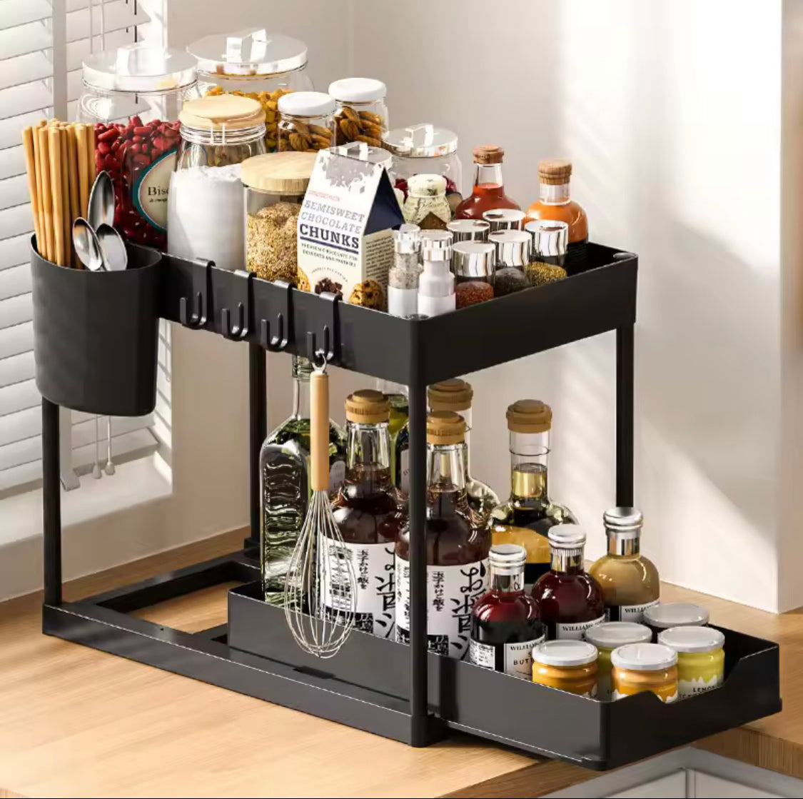 Double Deck Pull Out Organizer, 2 Tier Under Sink Organizer, Organizer Storage Rack With Hooks Hanging