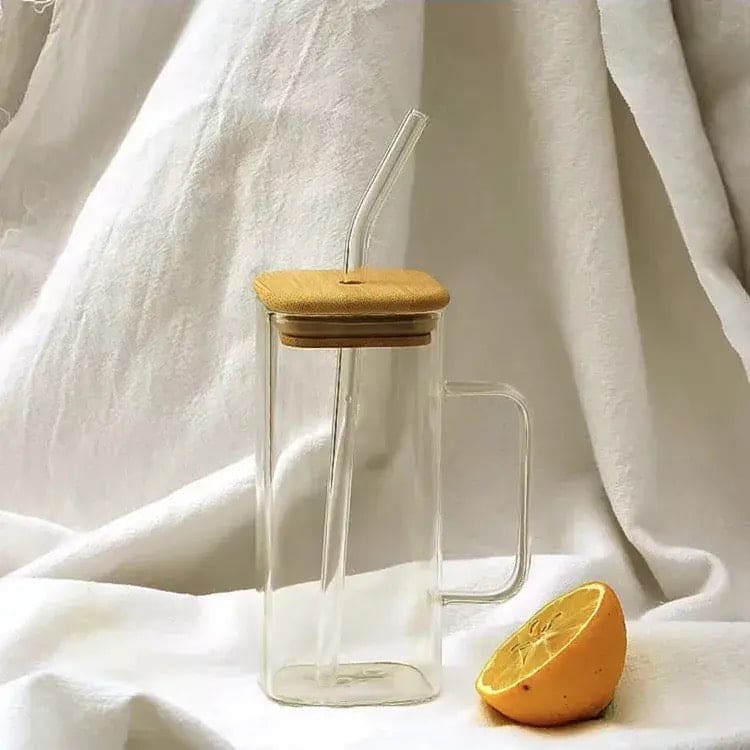 Square Coffee Mug With Wooden Top And Straw.