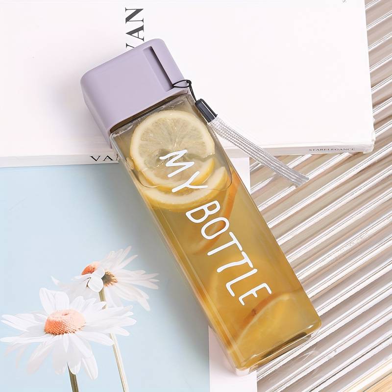 Simple Square Water Bottle, 500ml Plastic Water Cup, Transparent My Bottle With Hanging Rope, Large Mouth Water Cup With Lifting Rope And Lid