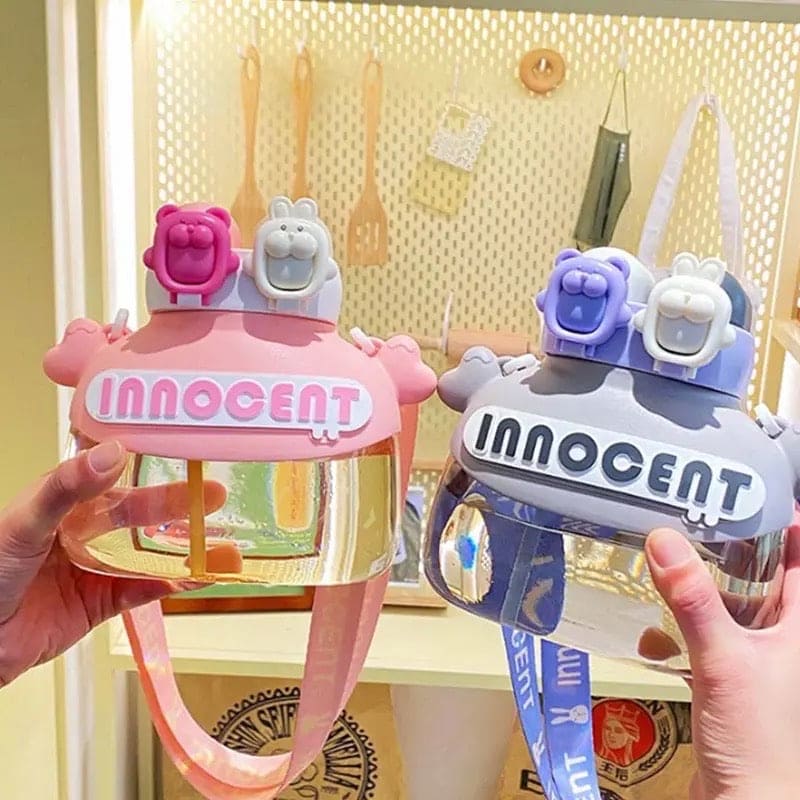 Cute Innocent Water Bottle, Cute and Fun Plastic Fashion Student Straw Water Cup, Double Drink Beverage Bottle, Water Bottle With Straw, Summer Outdoor Travel Drinking Tumbler, 1200ml Triton Plastic Bottle for Fitness and Outdoor Workout