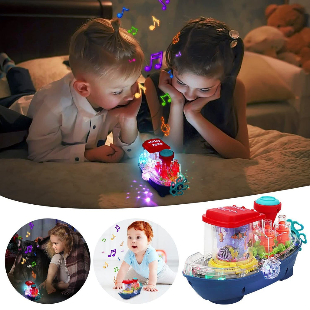 Gear Land Ship, Musical Toy Boat with Colorful Light, Transparent Rotatable Concept Boat.