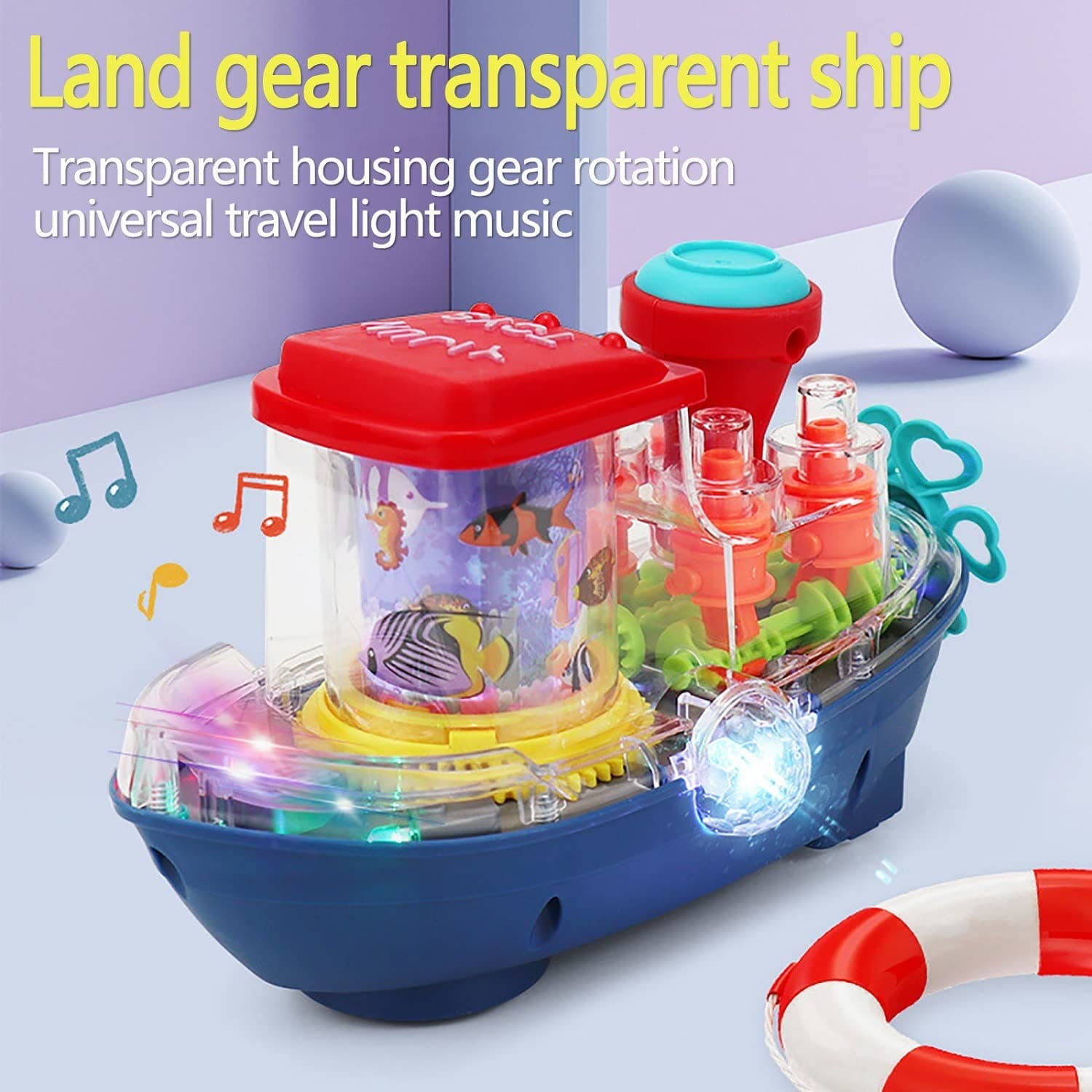 Gear Land Ship, Musical Toy Boat with Colorful Light, Transparent Rotatable Concept Boat.