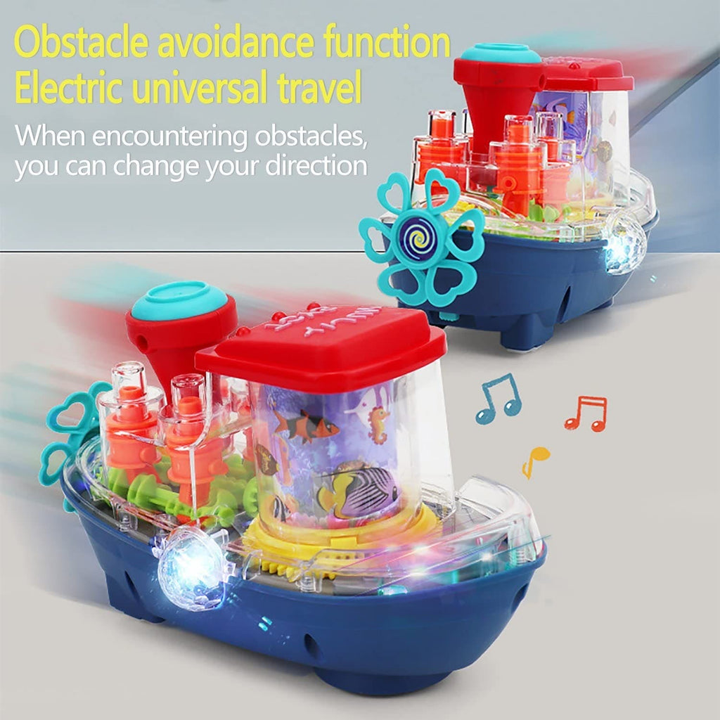 Gear Land Ship, Musical Toy Boat with Colorful Light, Transparent Rotatable Concept Boat.