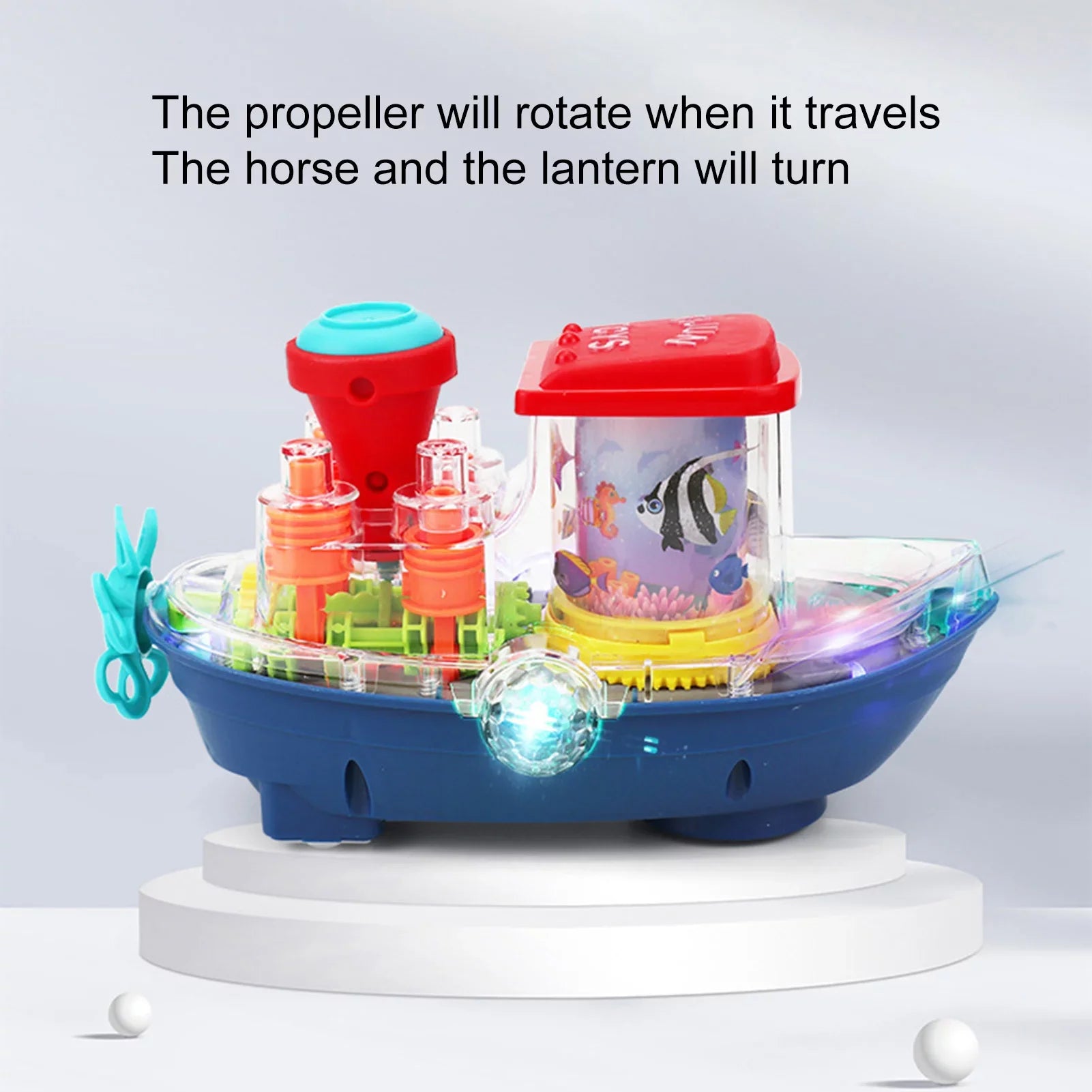 Gear Land Ship, Musical Toy Boat with Colorful Light, Transparent Rotatable Concept Boat.