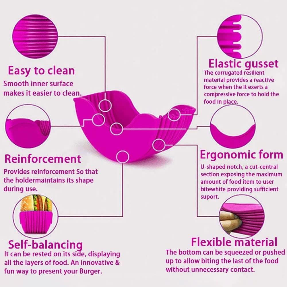 Hamburger Holder, Reusable Sandwiches Holder, Burger Buddy Clip Rack, Food Grade Silicone Burger Rack, Expandable Adjustable Burger Holder, Silicone Hamburger Clip, Anti Drop Hamburger Box, Washable Telescopic Hamburger Holder