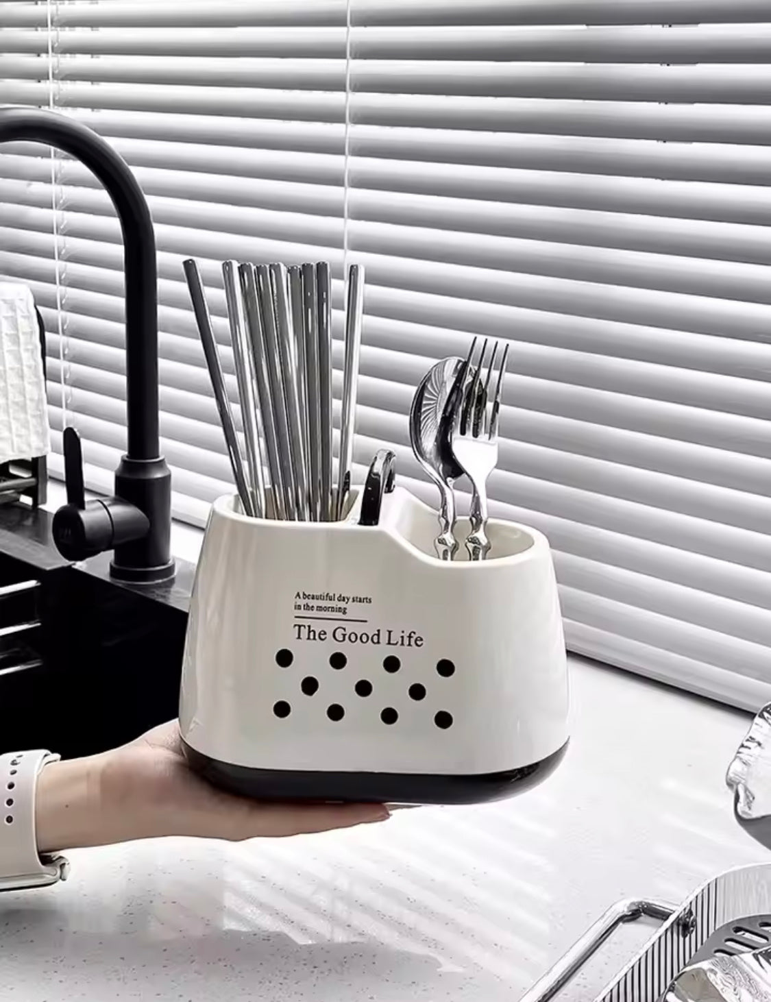 Daily Life Printed Cutlery Holder, Removable Hollow Out Utensils Organizer, Base Plate Drainable Spoon Fork Chopstick Stand Tray, Multifunctional Spoon Fork Chopstick Storage Holder, Household Kitchen Tableware Storage Holder Box