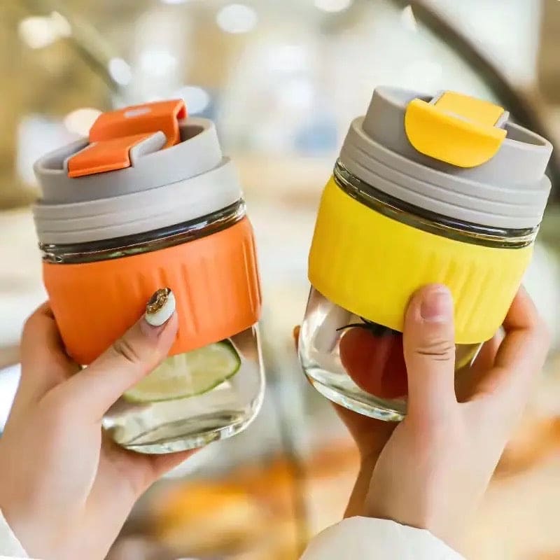Modern Travel Mug, 350ml Double Drinking Glass,  Lovely Glass Straw Cup, Portable Accompanying Coffee Cup, Couple Silicone Anti Scalding Water Cup