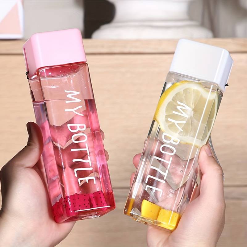 Simple Square Water Bottle, 500ml Plastic Water Cup, Transparent My Bottle With Hanging Rope, Large Mouth Water Cup With Lifting Rope And Lid