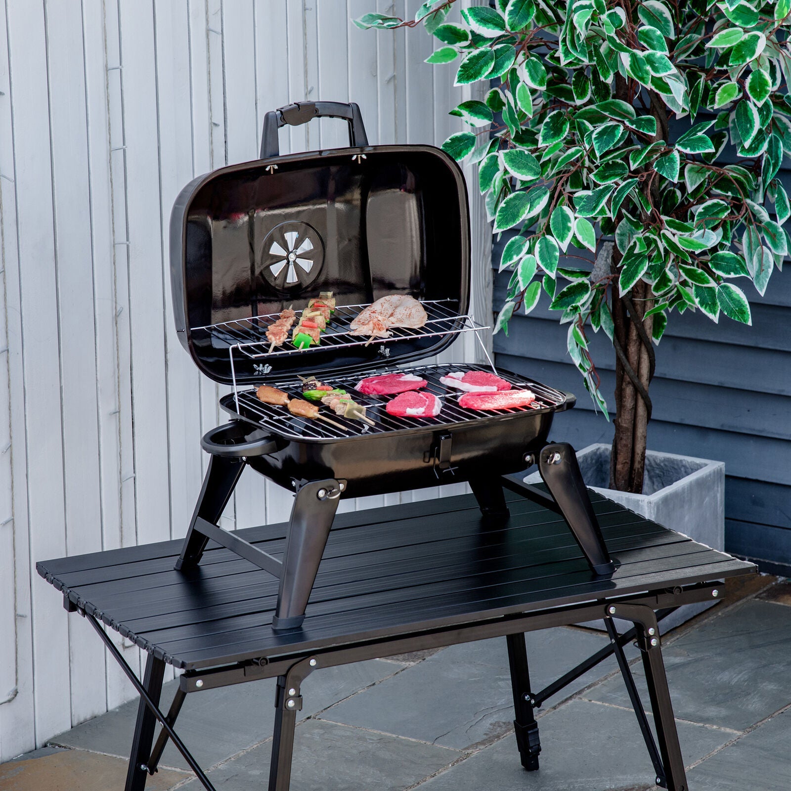 Foldable Tabletop BBQ Grill, Portable Small Charcoal Grill, Mini Tabletop Smoker Camping Cooker, Stainless Steel Portable Collapsible Barbecue Shelf