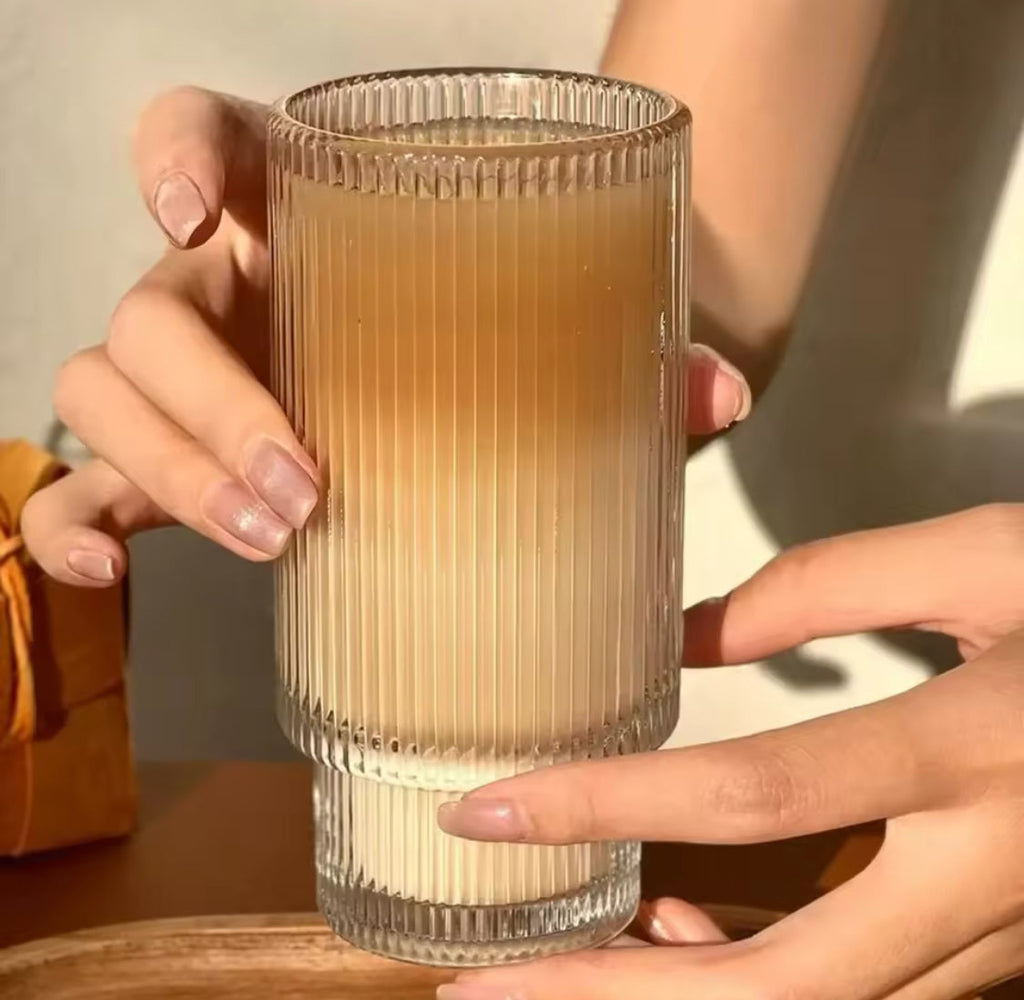 Transparent Strip Glass Cup With Bamboo Lid, Stackable Coffee Glass Cup, Reusable Smoothie Drinking Glass With Straw