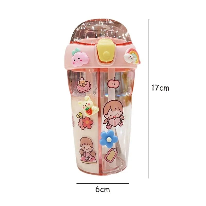 Cute Double Drinking Water Bottle, 430Ml Dual Straw Bottle, Cartoon Sticker Water Bottle, Student Couple Plastic Cup, Transparent Portable Cute Cup with Straw, Double Plastic Sports Cute Water Bottle, Portable Children's Sippy Cup