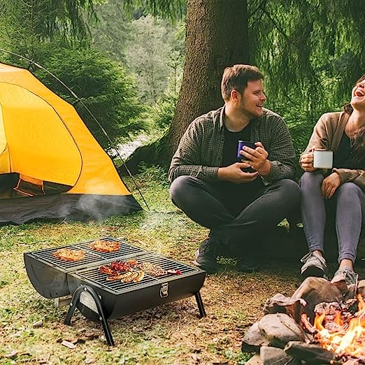 Round Folding BBQ Grill, Outdoor Tabletop Barbecue Grill, Multifunctional Portable Charcoal Grill, Compact Camping Grills for Outdoor Cooking, Smokey Charcoal Grill, Small Charcoal BBQ Grill Kitchen Cooking Tools, Counter Top Double Sided BBQ Oven