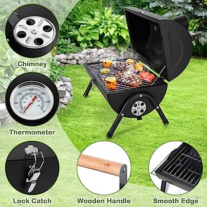 Round Folding BBQ Grill, Outdoor Tabletop Barbecue Grill, Multifunctional Portable Charcoal Grill, Compact Camping Grills for Outdoor Cooking, Smokey Charcoal Grill, Small Charcoal BBQ Grill Kitchen Cooking Tools, Counter Top Double Sided BBQ Oven