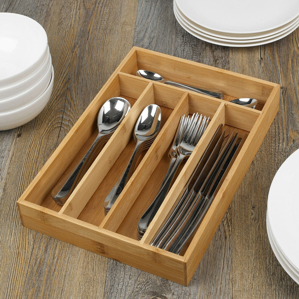 5 Compartment Bamboo Cutlery Tray, Kitchen Drawer Utensils Holder, Wooden Knife Fork Spoon Organizer Case, Bulk Bamboo Cutlery Tray, Drawer Multi Compartment Flatware Tray