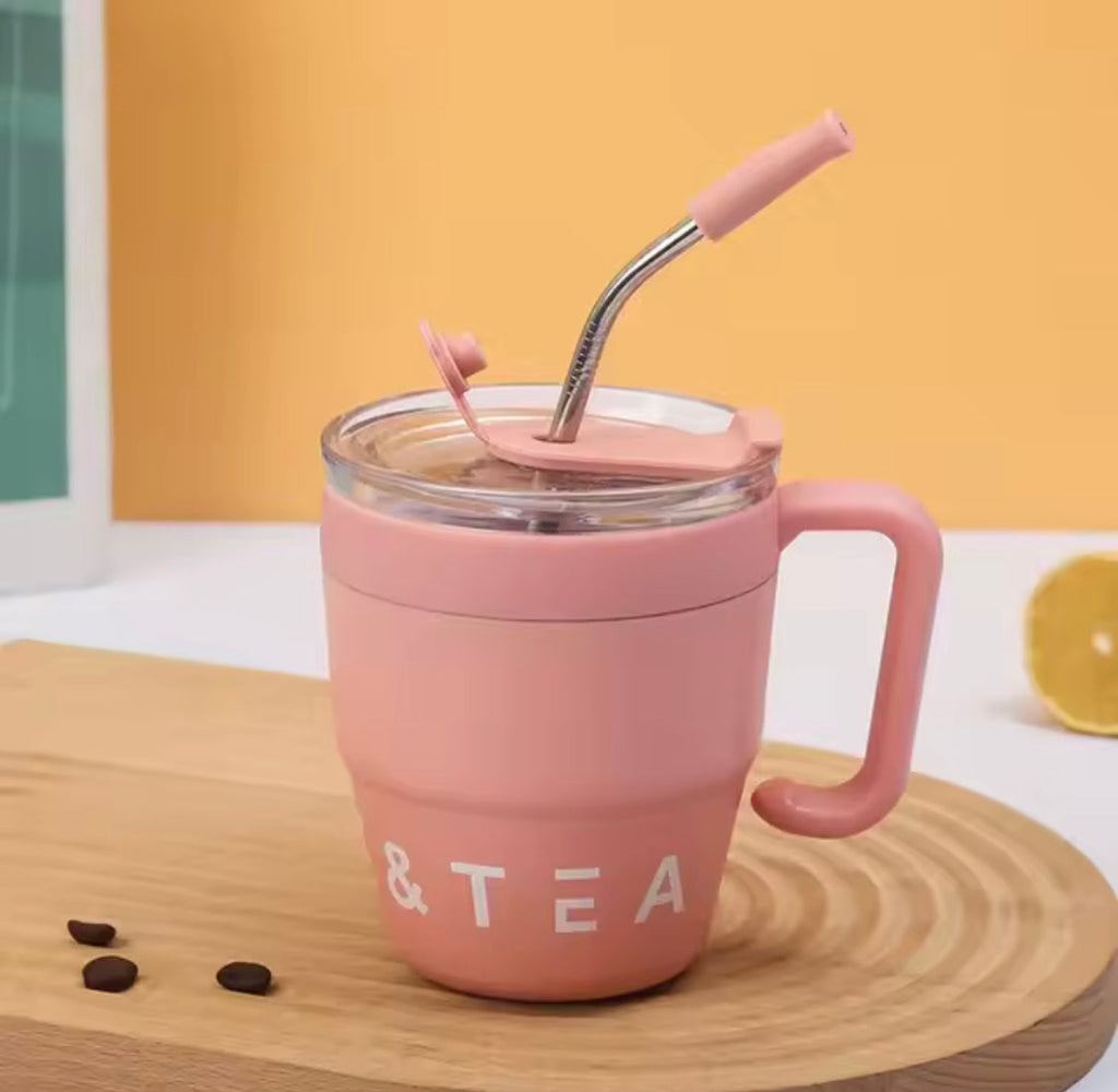 480ml Straw Covered Coffee Mug, Stainless Steel Insulated Cup, Hot/Cold Beverage Cup, Stainless Steel Thermos Mug, Office Outdoor Coffe Mug